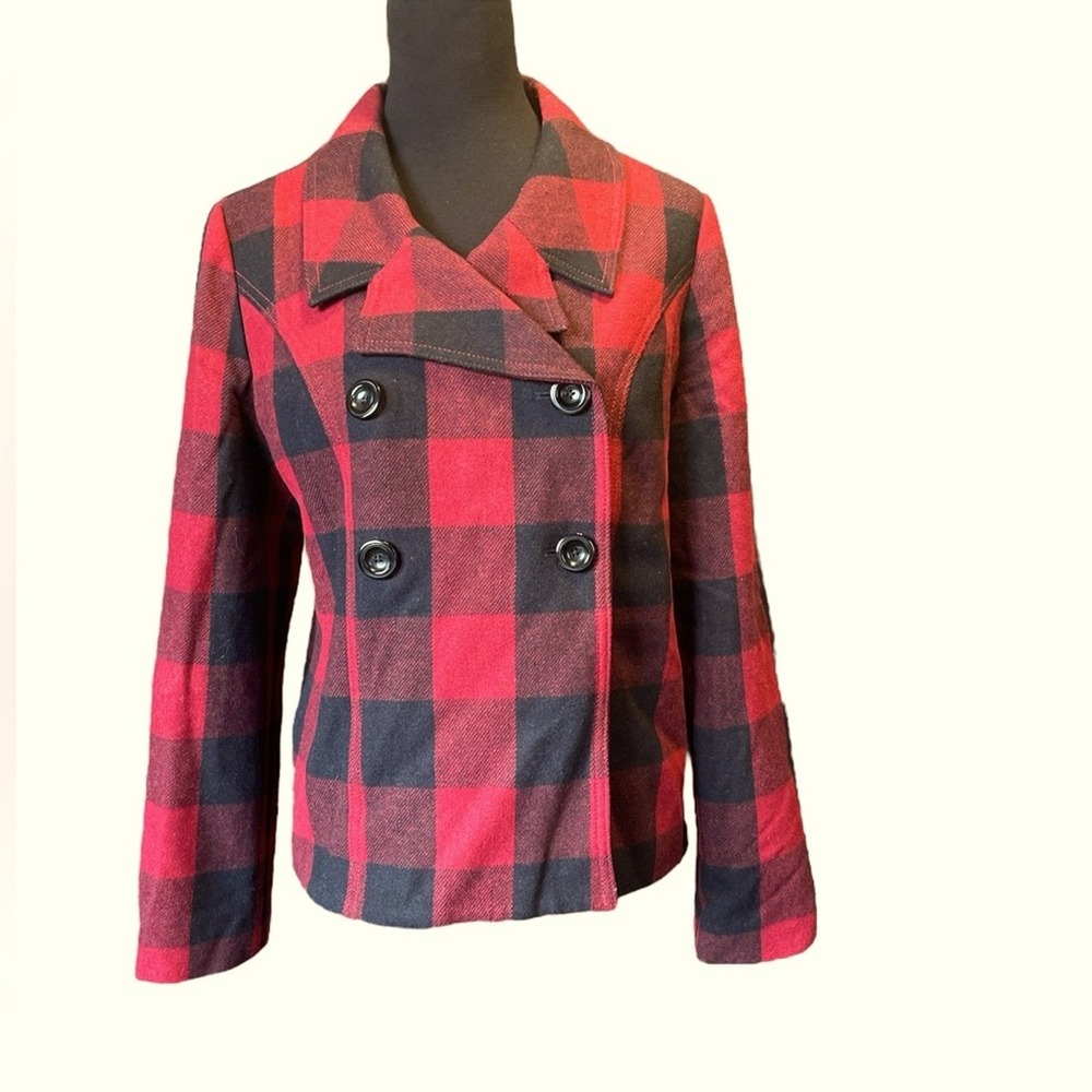 GAP Red & Black Buffalo Plaid Wool Blend Winter Jacket, Pea Coat, Size Medium